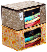 Kuber Industries Metalic Printed 2 Piece Non Woven Fabric Saree Cover Set with Transparent Window, Extra Large, Ivory Red & Golden Brown -CTKTC40771